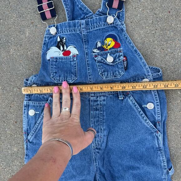 Vintage 90s Looney Tunes Tweety Sylvester Kids Embroidered Blue Denim Overalls M - Picture 6 of 9